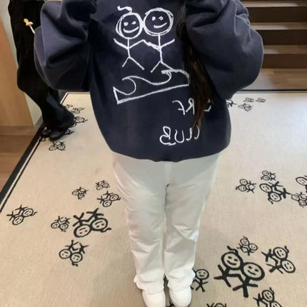 Navy Blue Cartoon Stick Figure Print Crew Neck Sweatshirt Women Loose Long Sleeve Vintage Streetwear Casual Pullover Tops Women
