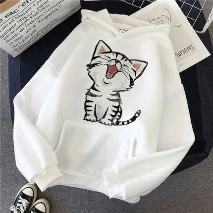 Funny Cute Cat Sweatshirt for Women Aesthetic Y2k 90s Hoodies Harajuku Graphic Pullovers 2000s Ulzzang Gothic Streetwear Female