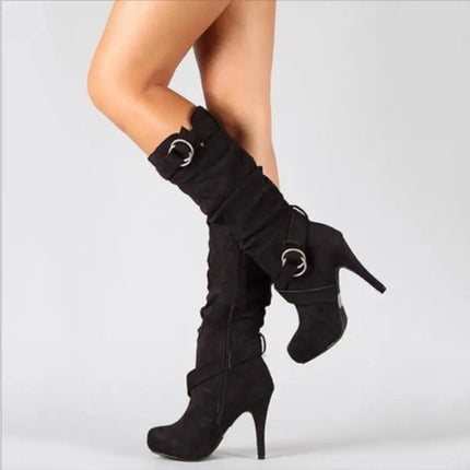 2023Sexy Knee High Women Boots Thin High Heel Round Toe Platform Fashion Ladies Pu Leather Boots Size 34-43 Lady Shoes PlatiNum