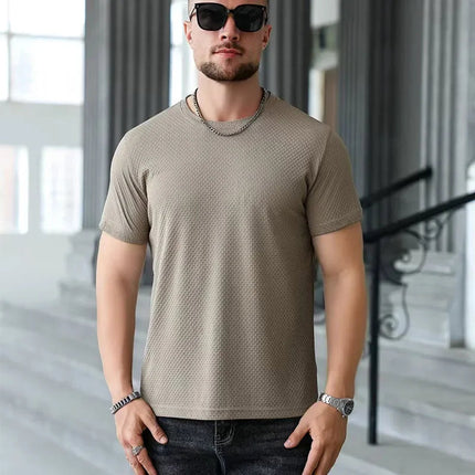 2025 New Men's Casual Short Sleeved Bone Flower Solid Color O-neck T-shirt Fashion Breathable Comfortable Summer Versatile Top PlatiNum