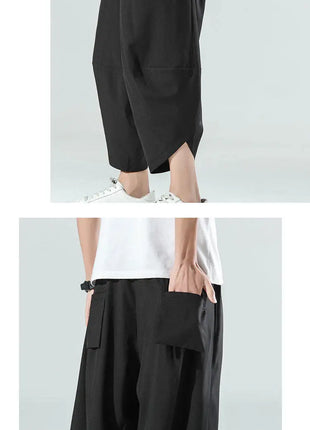 Pantaloncini Estivi da Uomo Stile Cinese Harajuku, Pantaloni Harem Oversize, Pantaloni Vintage Traspiranti a Tinta Unita, Lunghezza al Polpaccio