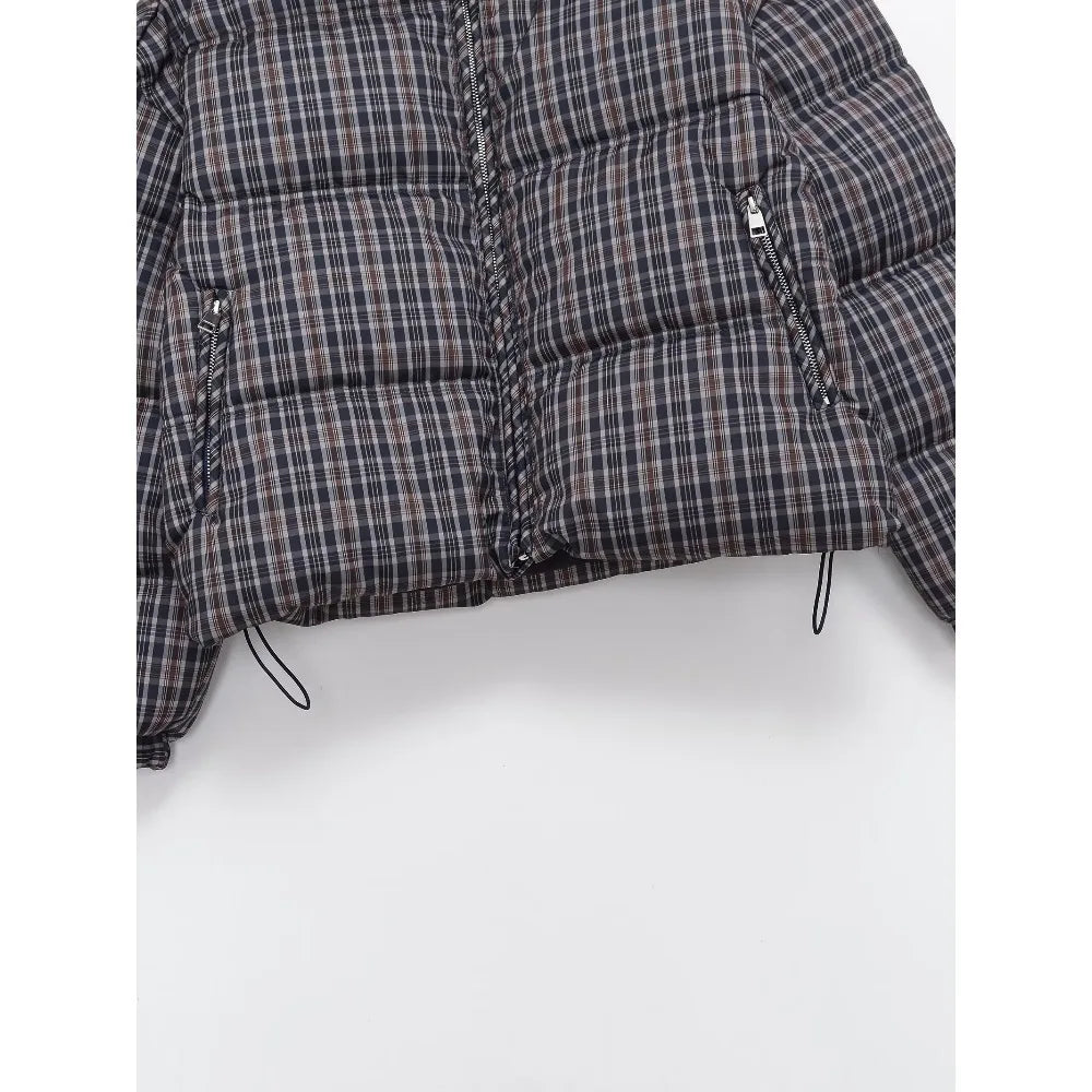 New in Winter High Neck Long Sleeves Zippered Coats for Women Brown Plaid Puffer Anorak with Adjustable Hem Comfy Padded Jackets