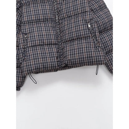 New in Winter High Neck Long Sleeves Zippered Coats for Women Brown Plaid Puffer Anorak with Adjustable Hem Comfy Padded Jackets