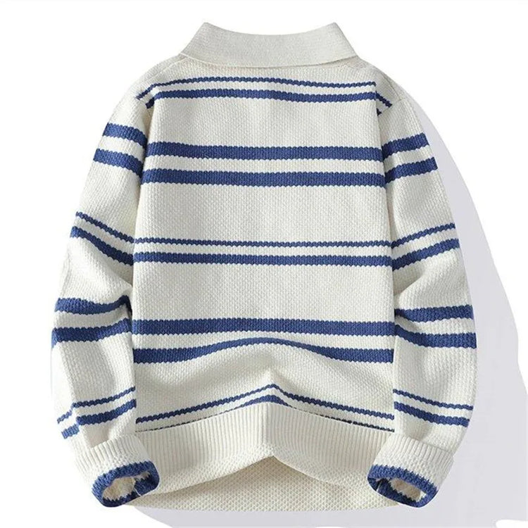 Autumn Winter Men's Striped Polo Collar Knitted Sweater Youthful Vitality Long Sleeve Turn Down Collar Casual Knit Pullovers Men