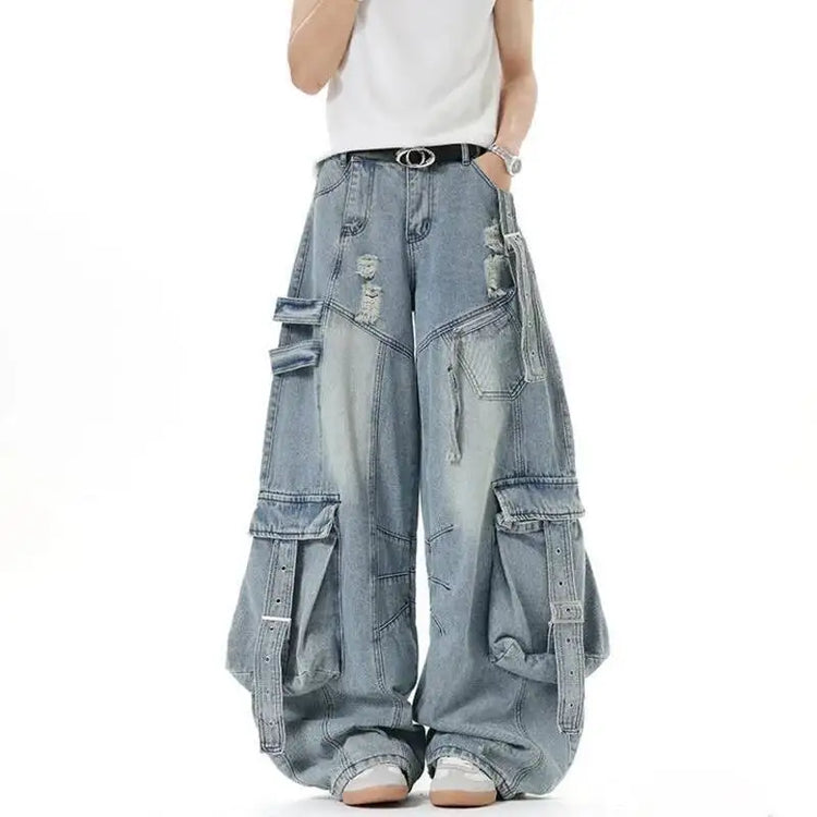 IEFB Jeans da uomo stile americano tinta unita multi tasche pantaloni casual usurati decostruzione pantaloni in denim a gamba larga 9W4066