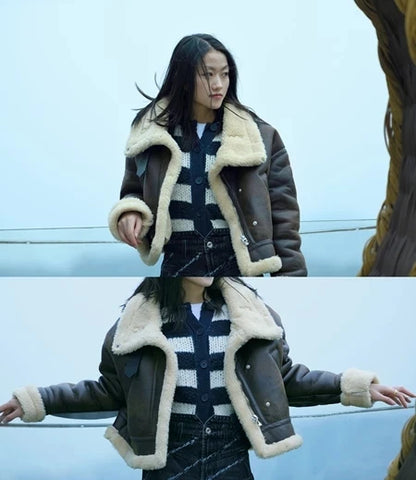 2025 New Autumn Winter Women Faux Lamb Fur Short Jacket Vintage Female Moto Biker Zipper Thick Warm Coat Fleece Outwear