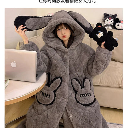 Women Winter Thickened Fleece Bathrobe Can Be Worn Outside Girls Student Hoodie Loose Pajama Two-piece Set Lady Warm Loungewear