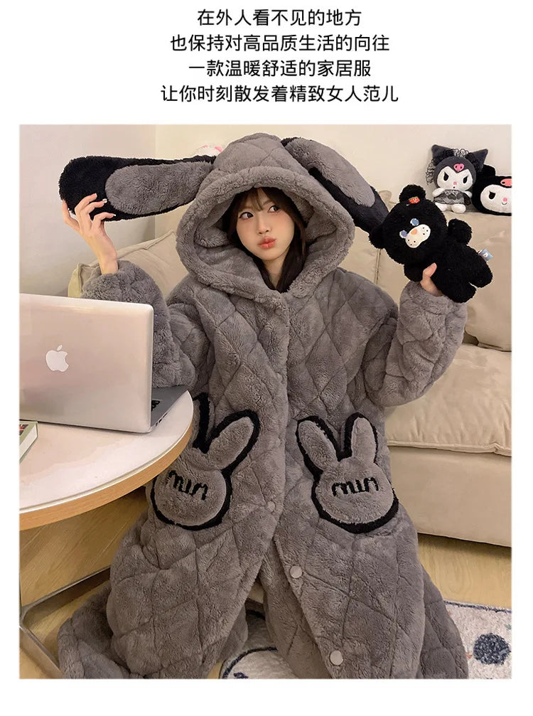 Women Winter Thickened Fleece Bathrobe Can Be Worn Outside Girls Student Hoodie Loose Pajama Two-piece Set Lady Warm Loungewear