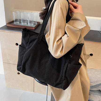 Women Corduroy Tote Bag Casual Multi Pocket Handbag Adjustable Strap Crossbody Sling Bag Zipper Shoulder Bag Fall Winter Bag PlatiNum