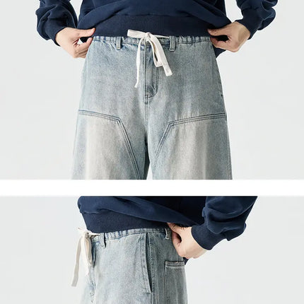 Jeans da Uomo Primavera 2026, Pantaloni in Denim Vintage con Vita Elastica, Jeans Neri da Uomo, Stile Harajuku Hip Hop, Pantaloni Larghi in Cotone Oversize