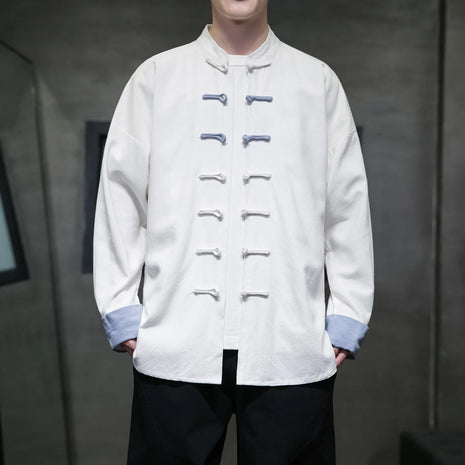 Camicie da Uomo Retrò Cinesi Traspiranti Stile Tang, Comode per Kung Fu e Tai Chi, Casual a Maniche Corte, Tinta Unita