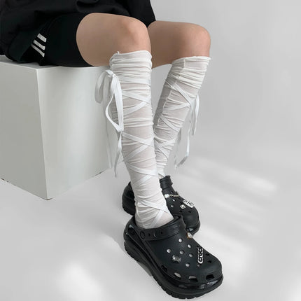 Chaussettes couvre-jambes punk pour femmes avec cravate au mollet Chaussettes à sangle au mollet de danse de ballet Chaussettes fines Y2K Chaussettes cosplay Lolita gothique japonais JK Club