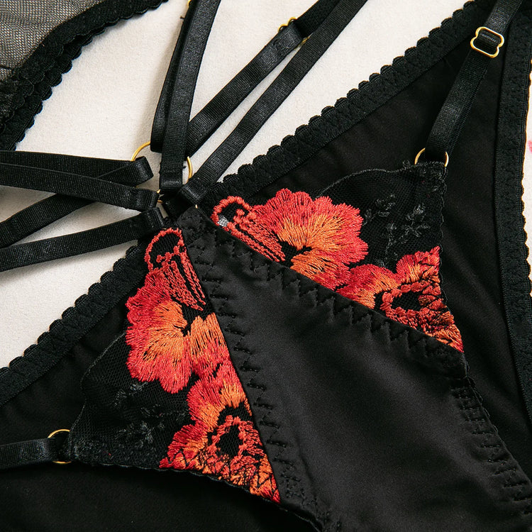 Krasapt Luxury Floral Embroidery Lingerie 2Pcs Sets Sensual Mesh See Through Bra And Panty Garter Erotic Suits Delicate Bilizna