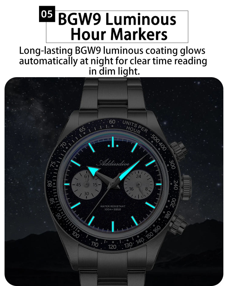 ADDIESDIVE New Quartz Watch Luxury VK64 Chronograph Men Wristwatches BGW9 Luminous Diving 100m Waterproof 316L Stainless Steel