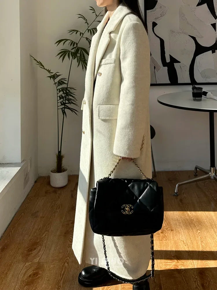 High-end Thick Double-sided Wool Coat Female Fashion Long  Autumn Winter Lapel Double Breasted Wool Coat Women Loose Outerwear