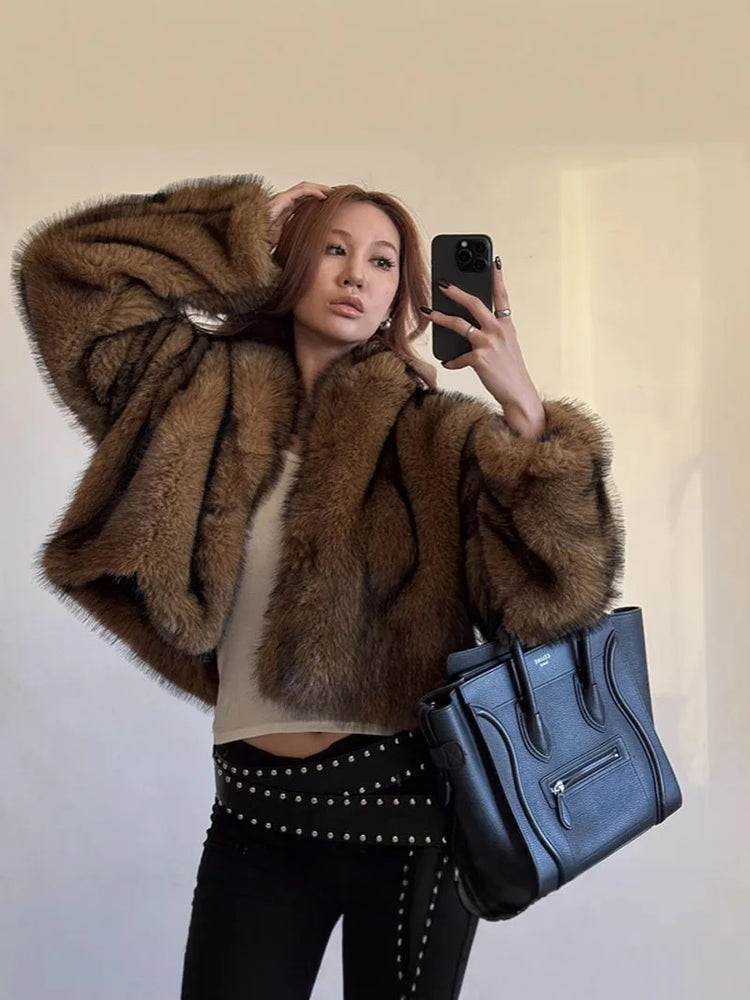 ZADORIN Oversized Fluffy Brown Faux Fur Coat Woman Clothes Winter Lapel Long Sleeve Short Fur Jackets for Woman Tops Outerwears