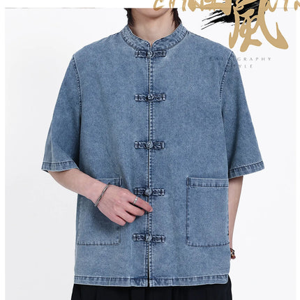 Nuove Giacche in Denim Estive Uomo/Donna Stile Cinese Vintage Lavato Camicie Personalizzate Uomo Kung Fu Casual Baggy Cotone Giacca Tang