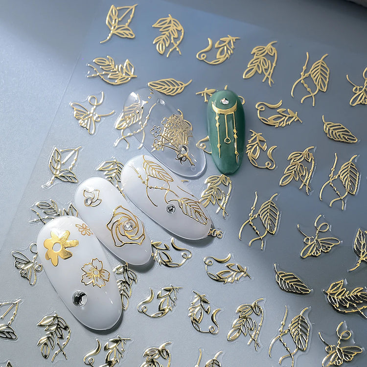 1pcs Gilded Hollow Flower Leaves Nail Art Stickers French Lines Bohemian Tassels 3D Nail Decals Rose Pattern Manicure Decoration