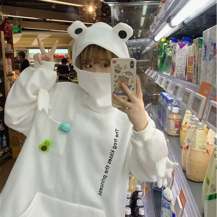 Y2K Autumn Winter Unisex Cartoon Frog Fleece Hoodies Loverly Zipper Loose Warm Sweatshirt Full Sleeve Harajuku Hooded Jackets
