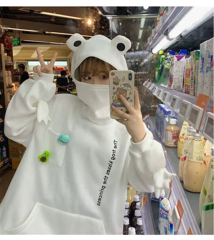 Y2K Autumn Winter Unisex Cartoon Frog Fleece Hoodies Loverly Zipper Loose Warm Sweatshirt Full Sleeve Harajuku Hooded Jackets