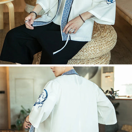 Japan Samurai Shirt uomo ricamato Kimono giapponese manica corta Cardigan uomo estate sottile moda Casual Yukata Cardigan Top uomo
