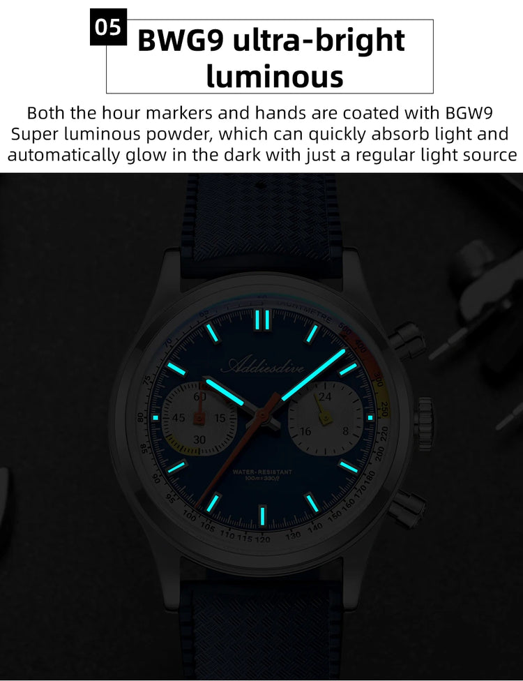 ADDIESDIVE New Men Watch 38mm VK64 Chronograph Fluororubber Luxury Domed Glass BGW9 Luminous 100m Waterproof Quartz Wristwatch
