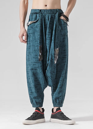 Pantaloni a gamba larga da uomo in cotone e lino casual oversize Harajuku pantaloni alla moda da uomo samurai giapponese retrò Ukiyo-e stampa pantaloni con cintura da uomo