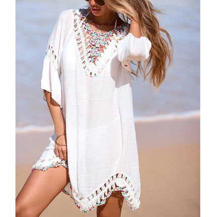 Copricostume da spiaggia allacciato senza schienale alla moda, abito trasparente con scollo a V colorato con gancio a mano in pizzo per donna platinumshop