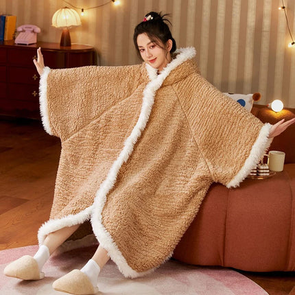 New Cute Blanket Hooded Cloak Coral Velvet Pajamas Women's Autumn Winter Thickened Robe Blanket Multifunctional Thermal Products