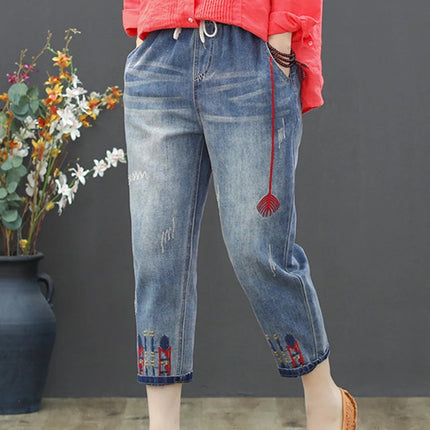 AmaxluluE Jeans larghi strappati da donna alla moda estiva Pantaloni in denim ricamati per il tempo libero da donna Pantaloni Harem elastici da donna vintage