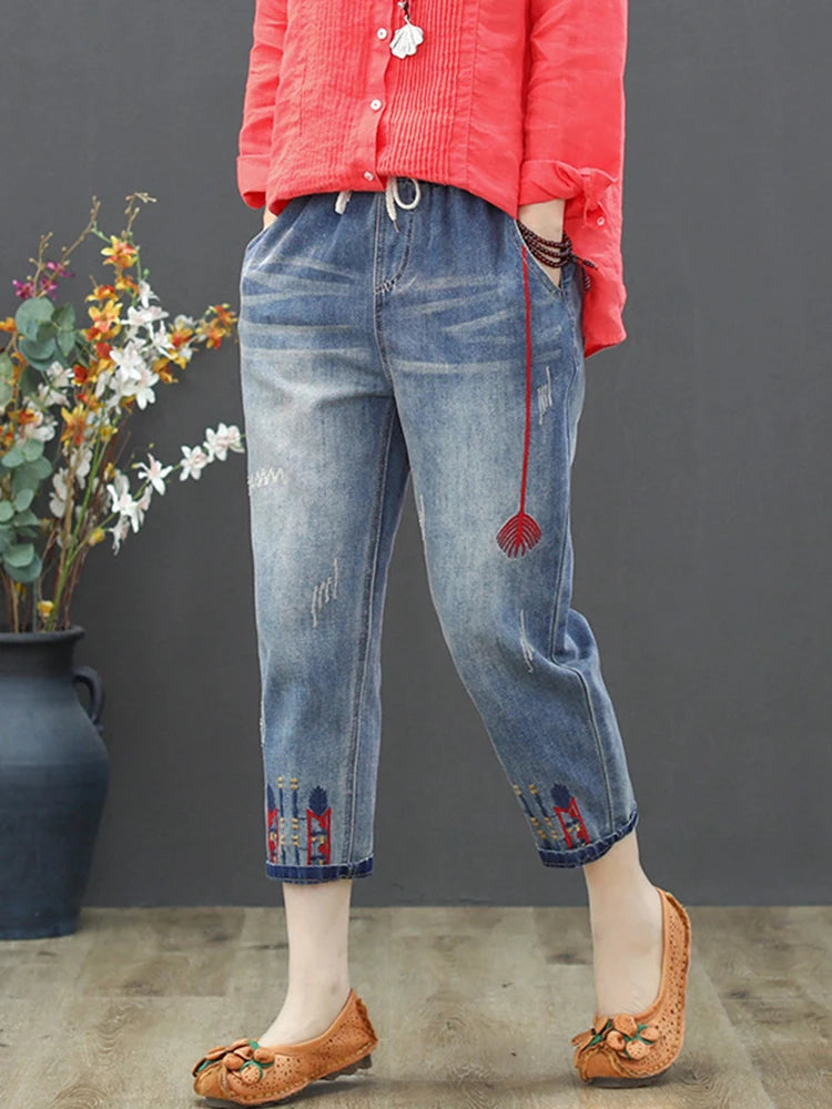 AmaxluluE Jeans larghi strappati da donna alla moda estiva Pantaloni in denim ricamati per il tempo libero da donna Pantaloni Harem elastici da donna vintage