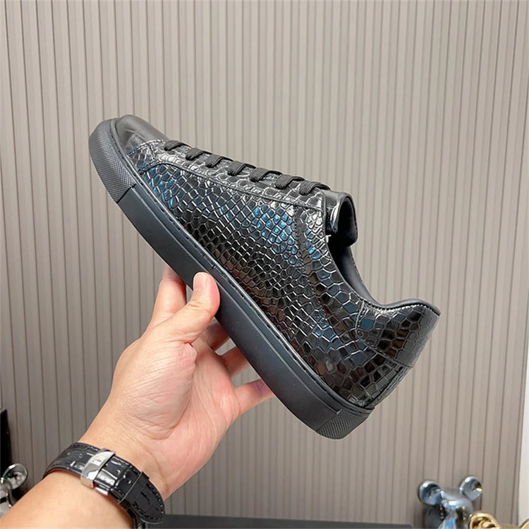 Leather Sneakers Men Calfskin Alligator Pattern Casual Shoes Lace Up Flats Daily Footwear