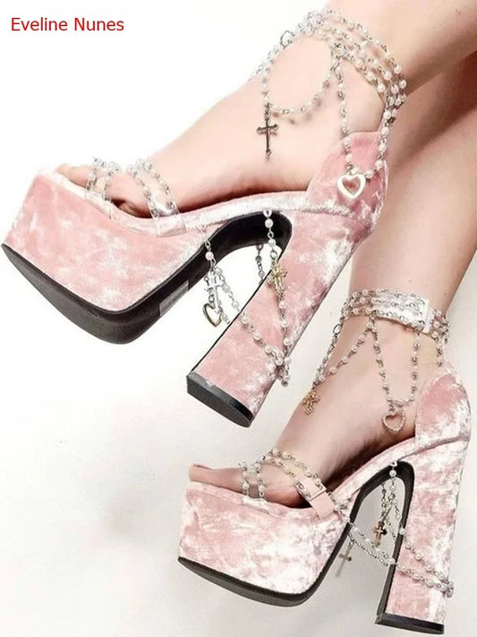 White Beaded Beautiful Sandals Summer Women's Waterproof Platform Round Toe Fashion Sexy and Versatile Good Quality High Heel