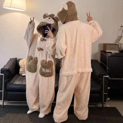 Winter Pajamas Cartoon Bear Costume Pijama Kawaii Adult Couples Kigurumis Sleepwear Jumpsuits Coral Fleece Loose Warm Homewear