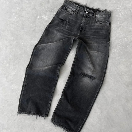 Straight Jeans Distressed Men Jean Ripped Holes Washed Denim Pants Ankle Length Loose Solid Zipper Fly Pockets Casual 2025 PlatiNum