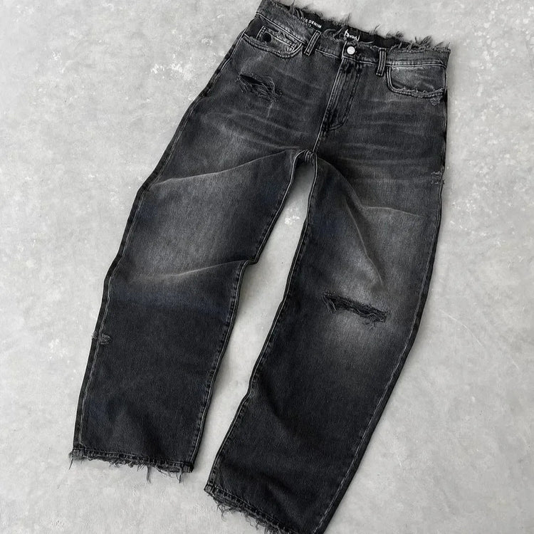 Straight Jeans Distressed Men Jean Ripped Holes Washed Denim Pants Ankle Length Loose Solid Zipper Fly Pockets Casual 2025 PlatiNum