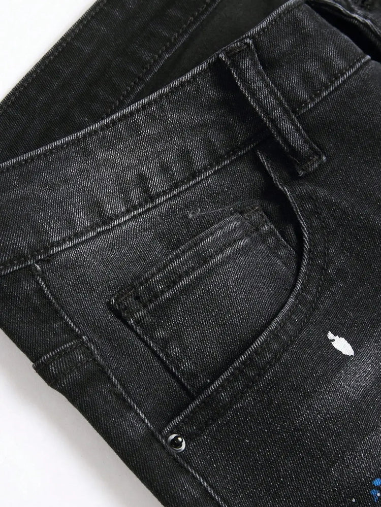 Men y2k Stretchy Skinny Denim Jeans For Men Casual pants Ripped Patchwork Hole Slim Fit Denim Hip Hop Black Straight Trousers PlatiNum