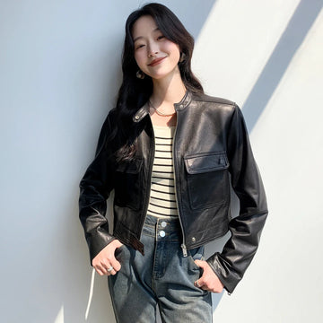 Waxed Sheepskin Genuine Leather Moto Biker Jacket Women Cropped Slim Fit Stand Collar Zip Up Flap Pockets Casual Autumn Outwear