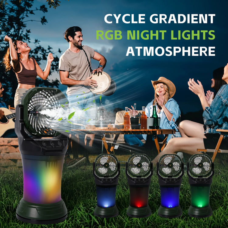 Ventilatore Nebulizzatore da Campeggio Esterno ABS+PP 2000ml 15000mAh con Nano Spray, Torcia RGB e 4 Velocità, Rotazione a 90° °   Oscillazione Giallo/Verde Scuro