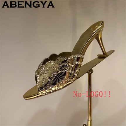 2026 Summer Trendy New Shiny Fish Mouth Toe Sexy Stiletto Sandals Woman Quality Sequined Thin High Heel Slippers for Women Shoes PlatiNum