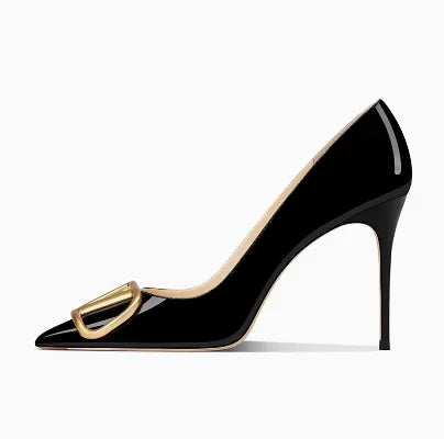 Décolleté alla moda con tacco alto grigio brillante con fibbia a V Sandali primaverili estivi Tacchi a punta in vera pelle