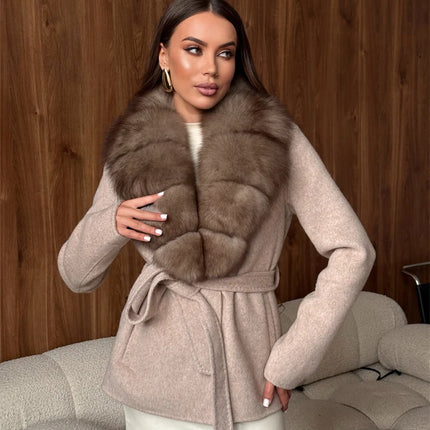 Women Wool Blend Coat Big Faux Fur Collar And Cuffs Belted Waist Wrap Loose Winter Jacket Thick Warm Elegant Lady Outerwears