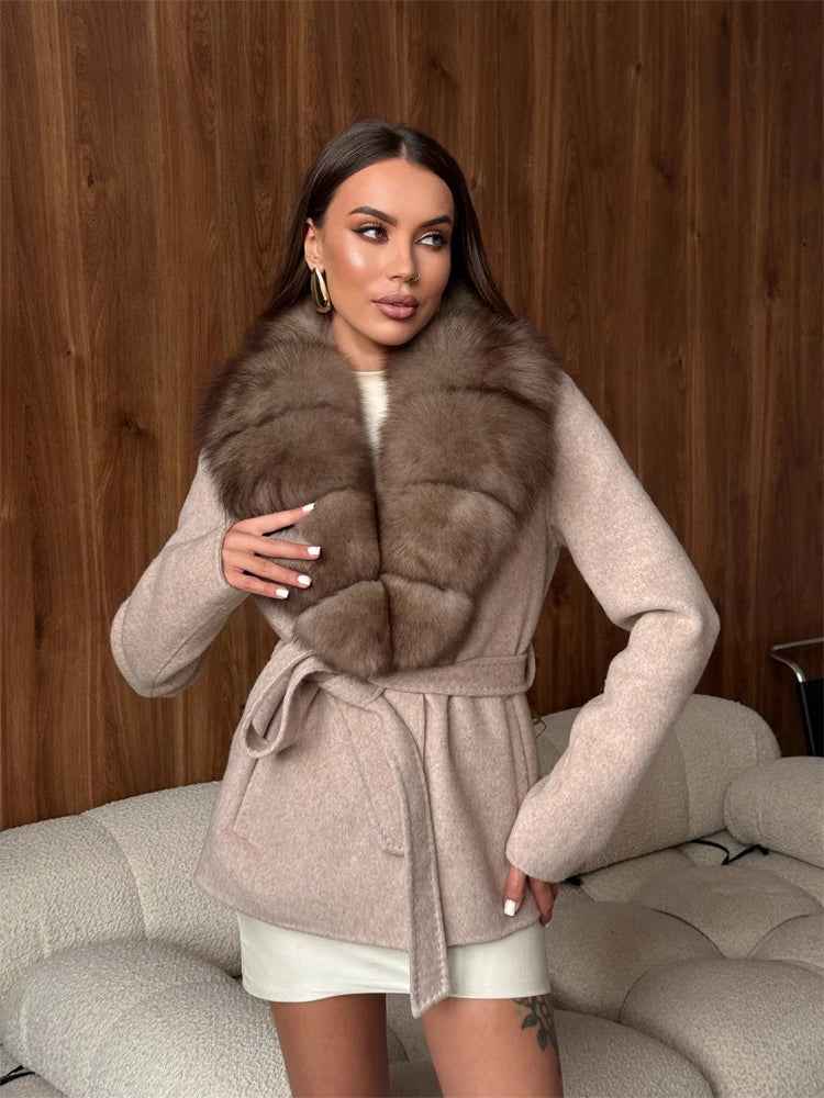 Women Wool Blend Coat Big Faux Fur Collar And Cuffs Belted Waist Wrap Loose Winter Jacket Thick Warm Elegant Lady Outerwears