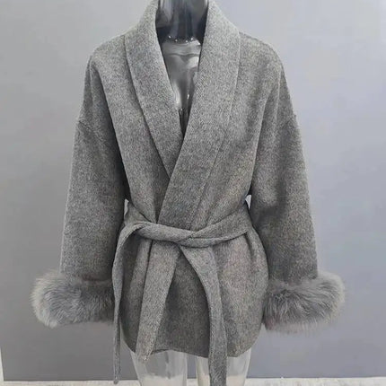 UCXQ Elegant Woolen Coat Temperament Office Lady Overcoats Fur Patchwork Long Sleeve Beautiful Women's Coats 2025 Winter New