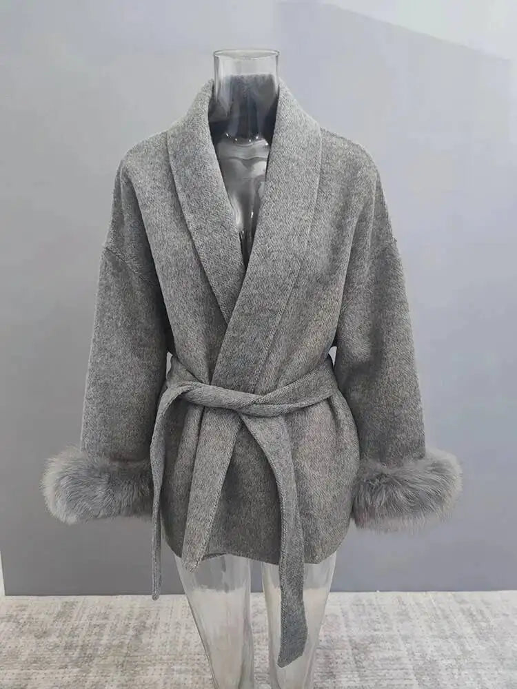 UCXQ Elegant Woolen Coat Temperament Office Lady Overcoats Fur Patchwork Long Sleeve Beautiful Women's Coats 2025 Winter New