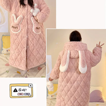 Women Winter Thickened Fleece Bathrobe Can Be Worn Outside Girls Student Hoodie Loose Pajama Two-piece Set Lady Warm Loungewear