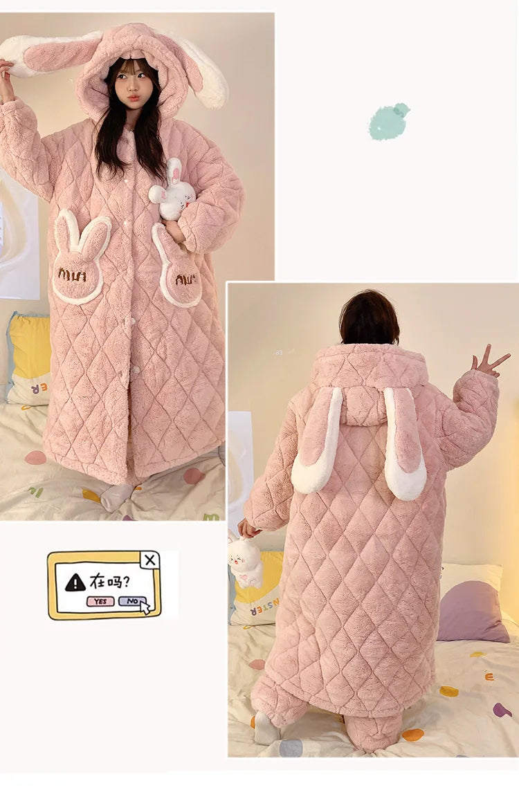 Women Winter Thickened Fleece Bathrobe Can Be Worn Outside Girls Student Hoodie Loose Pajama Two-piece Set Lady Warm Loungewear