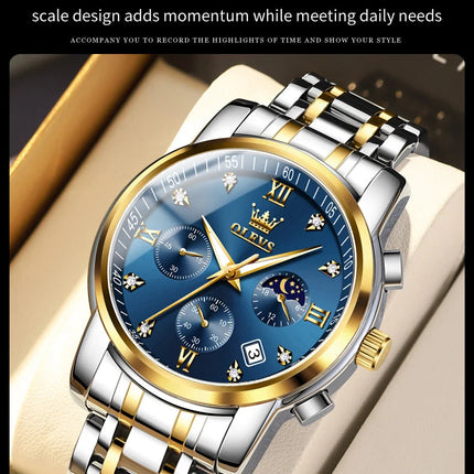 OLEVS 2858 Orologio da Uomo in Acciaio Inossidabile, Impermeabile, Antigraffio, con Fasi Lunari, Luminoso, Cronografo, Orologio da Polso al Quarzo di Lusso platinumshop
