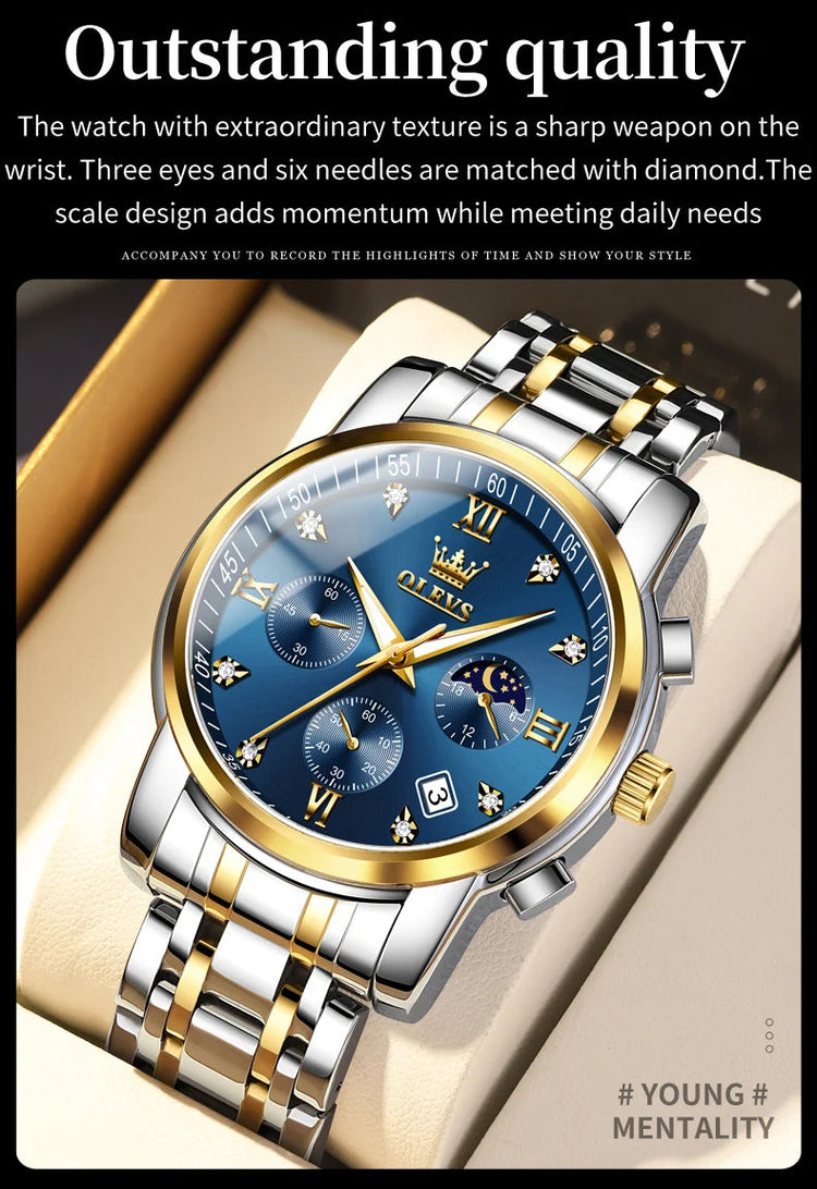 OLEVS 2858 Orologio da Uomo in Acciaio Inossidabile, Impermeabile, Antigraffio, con Fasi Lunari, Luminoso, Cronografo, Orologio da Polso al Quarzo di Lusso platinumshop