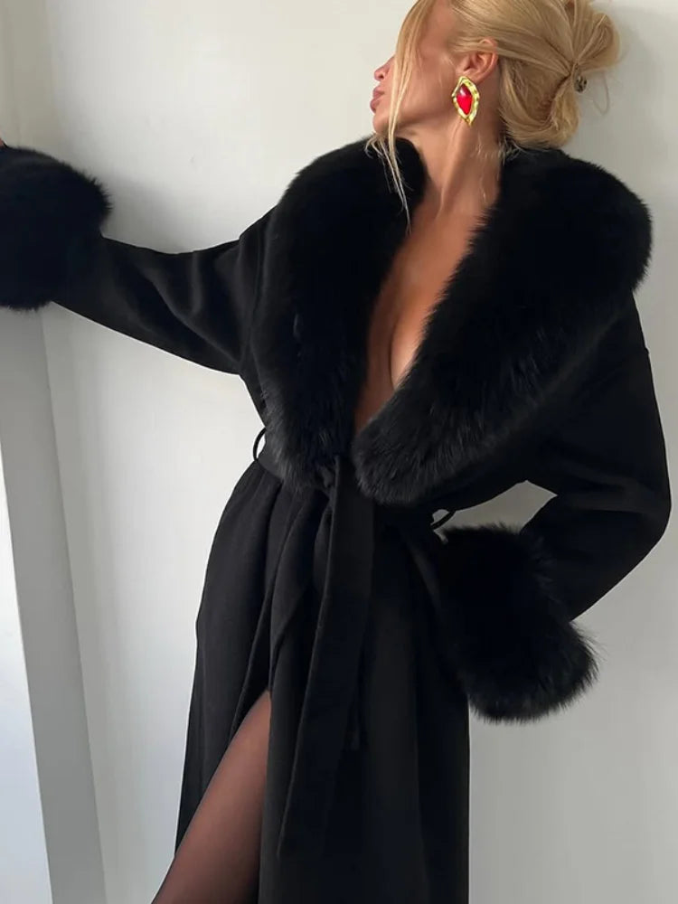 Women's Solid Color Lace Up Fur Collar Woolen Overcoat Bathrobe Style Long Loose Coat Advanced Atmosphere Autumn Winter Overwear